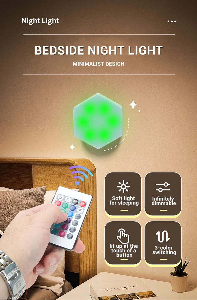 Description Picture 2 of itemRGB LED Hexagon Wall Lamp Remote/Touch Control Hex Lights Creative DIY Modular Night Light for Kids Children Indoor Decoration