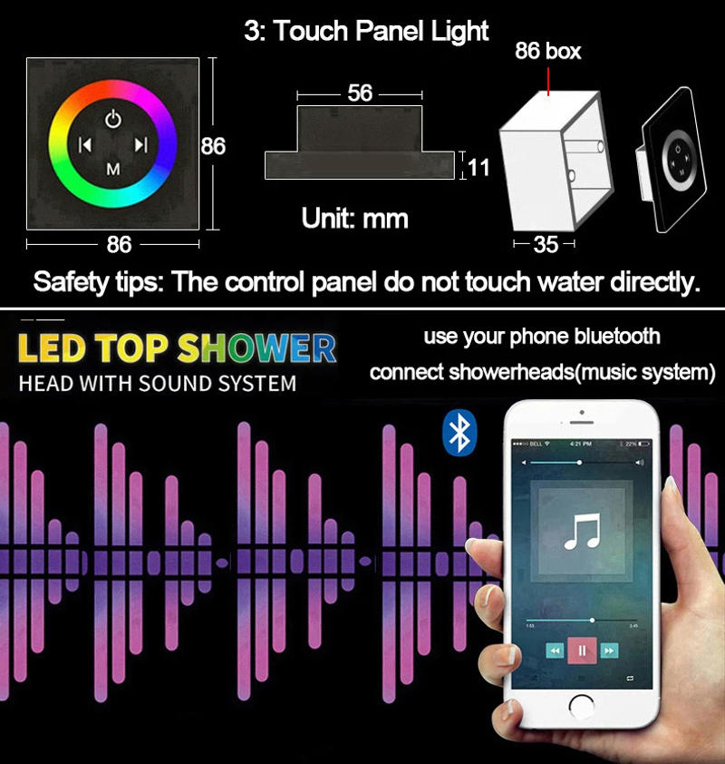 Description Picture 6 of itemQlonn 35*12 Inch Rain Shower Head Set Bathroom 6 Function Shower Faucet Large Flow Concealed Thermostatic Mixer Bath Accessories