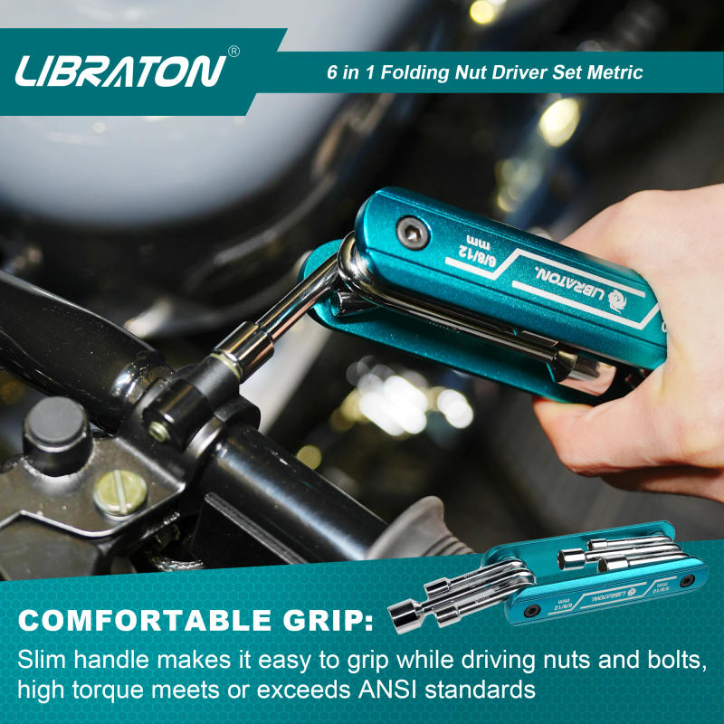 Description Picture 3 of itemLIBRATON 6 in 1 Folding Nut Driver Metric Portable Hex Nut Driver Set with Premium Aluminum Handle for Auto Repairing