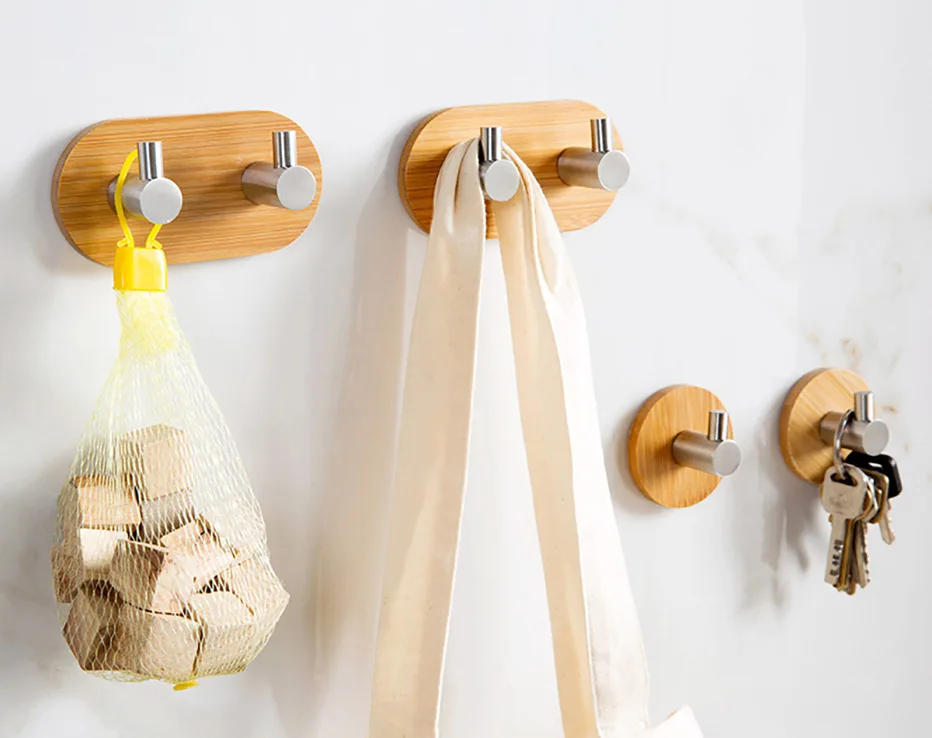 Description Picture 6 of itemAdhesive Bamboo Stainless Steel Hook Rack Wall Clothes Bag Key Hanger Hook Kitchen Bathroom Door Towel Rack Shelf