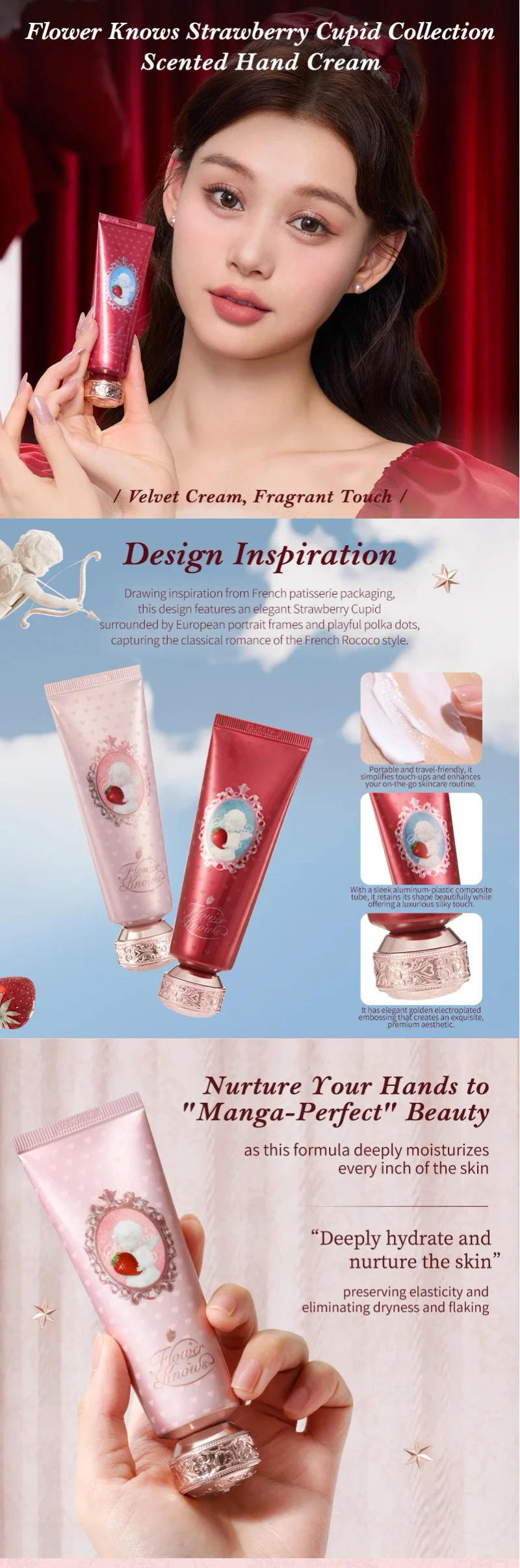 Description Picture 3 of itemFlower Knows Strawberry Cupid Scented Hand Cream Moisturising & Nourishing Skin Care Lotions For Women Whitening Cream 50ml