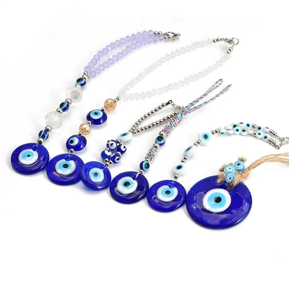 Description Picture 3 of itemLucky Eye Braided Rope Cross Heart Tassel Wall Hanging Handmade Glass Turkish Evil Eye Pendant Keyring for Home Living Room Car