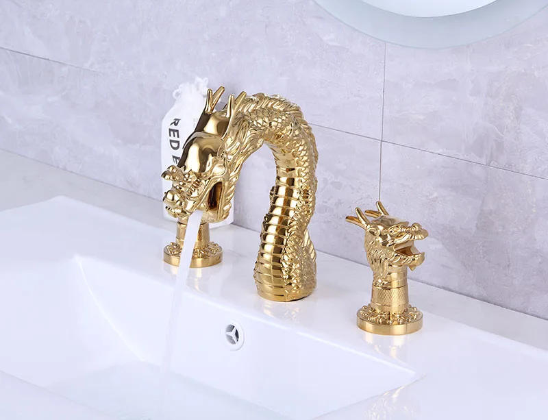 Description Picture 5 of itemDragon Basin Faucets Bathroom Sink Faucet Gold Brass 3 Holes Double Handle Bathbasin Bathtub Tap Hot And Cold Mixer Water Faucet