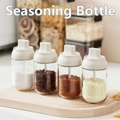 250ML Oil Bottle Moisture-proof with Lid Spoon Pepper Jar Salt Shaker Multi-purpose Combination Glass Kitchen Seasoning Bottle