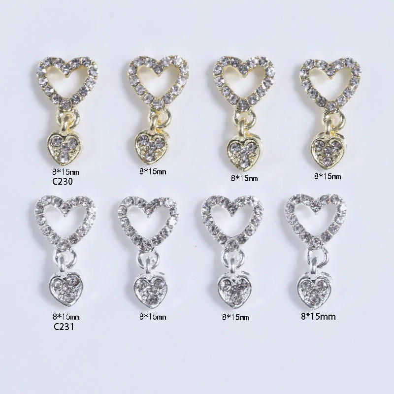 Description Picture 5 of item10Pcs Heart Shaped Gold/Silver Hollow Designs Dangle Charms Jewelry Nail Art Crystal Rhinestones For Nail Art Metal Decorations