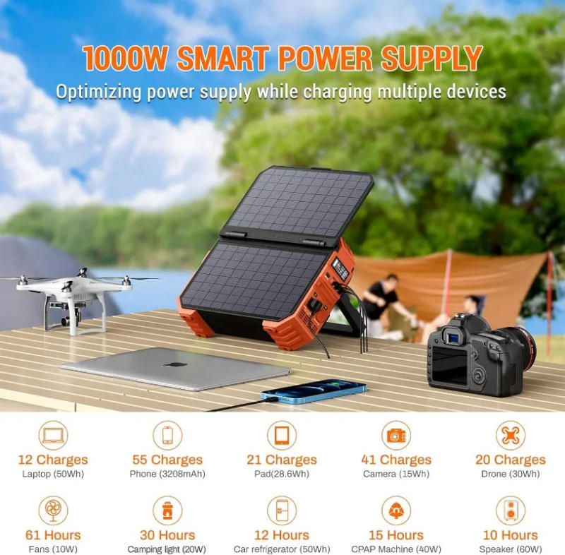 Description Picture 5 of itemPortable Power Station 1000W with Built-in Solar Panel 614WH/192000mAh Battery Pack Solar Generator with AC/DC/USB/PD Output
