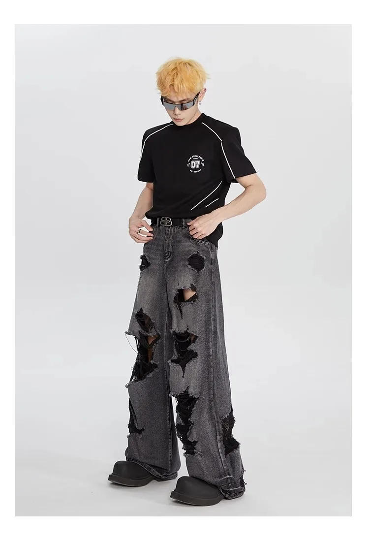 Description Picture 6 of itemRipped Jeans Men Vintage Baggy High Street Fashion Handsome American Style Unisex Hip Hop Personality All-match Wide Leg Trouser