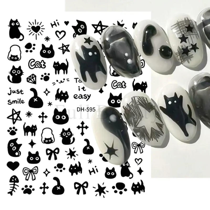 Description Picture 4 of itemLovely Black Cat Stickers For Nails Cartoon Childlike Graffiti Animals Kawaii Heart Star Bowknot Nail Art Decals Manicure Decor