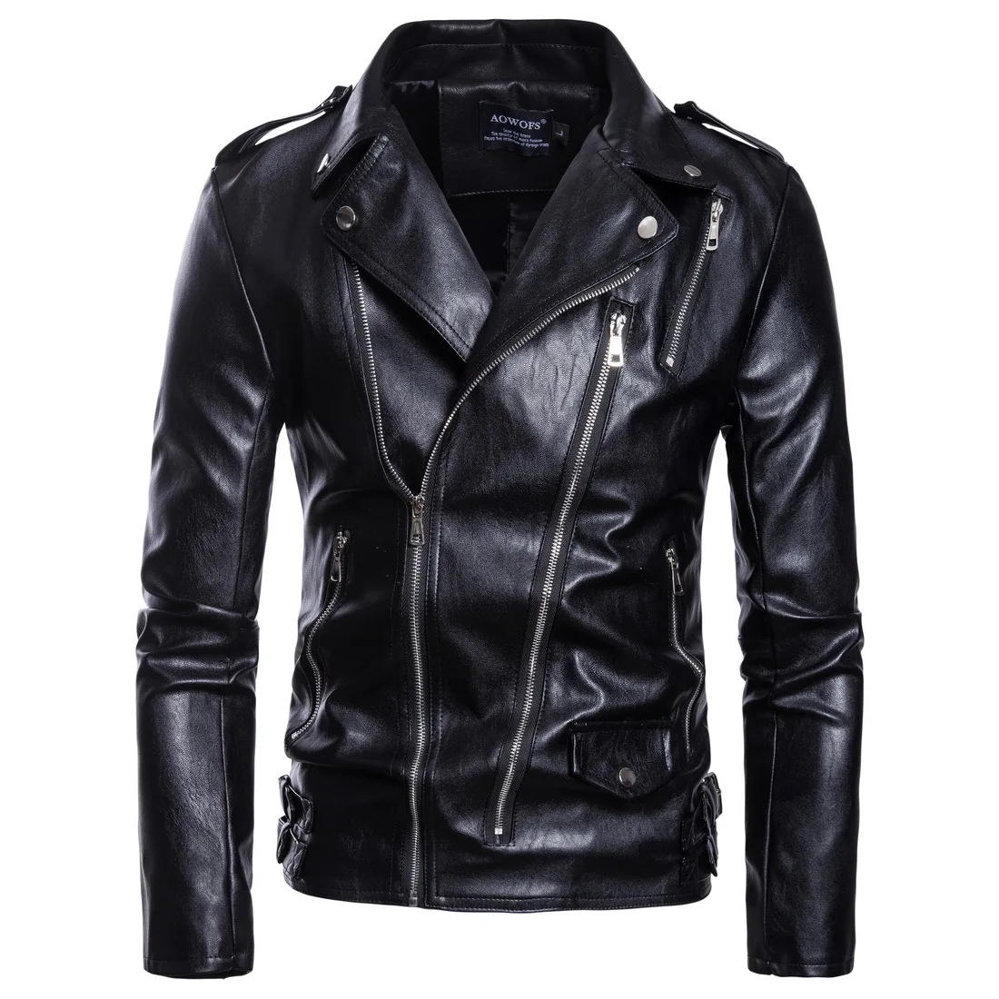 Description Picture 3 of itemAutumn Winter European Men's Plus-size Washed Motorcycle faux Leather Jacket Multi-zipper Leather Coat Fashion Slim Overcoat