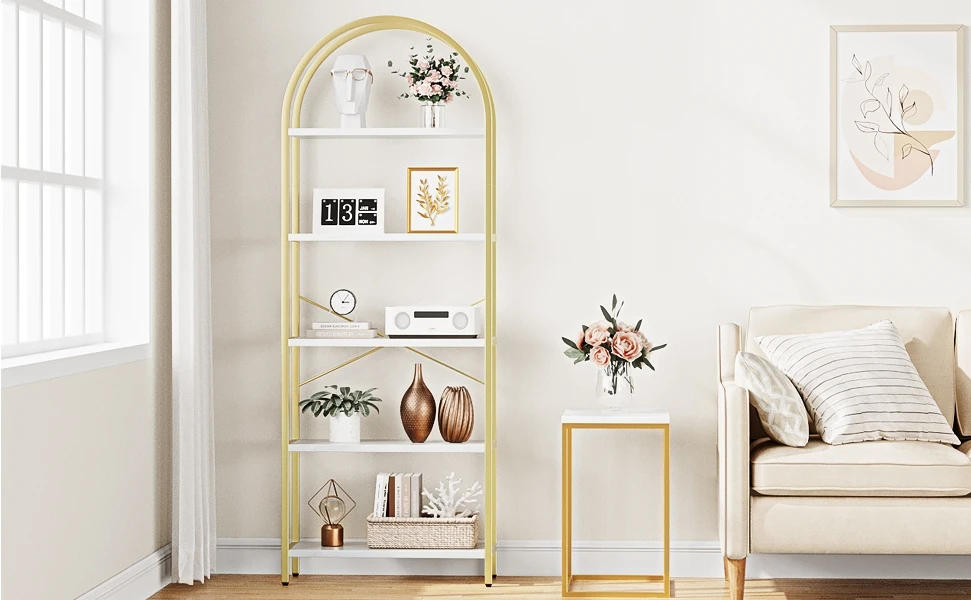 Description Picture 2 of itemUS  Bookshelf 5 Tier Bookcase Arched Display Racks Tall Standing Bookshelves Metal Frame Rustic Storage Rack Shelf Brown Book