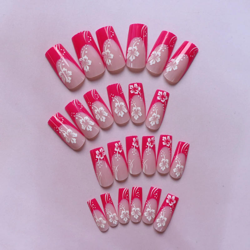 Description Picture 3 of item24 sweet cherry blossom red printed coffin full cover fake nails, French white, suitable for women's daily wear, 1 nail file and