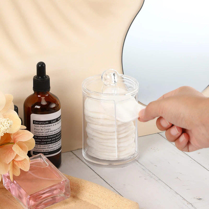 Description Picture 4 of item4 Pcs Cotton Swab Holder Dispenser Plastic Storage Box Jar with Lid Set Floss Picks Container Bathroom Canisters Vanity Makeup