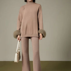 2025 New Fashion Autumn Winter Natural Real Fox Fur Cuffs Coat Knitted Sweater Women Long Pants Set Jacket Thick Warm