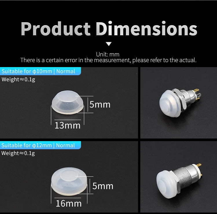 Description Picture 3 of item10Pc 10mm 12mm 16mm 19mm 22mm 25mm Metal Push Button Switch Protection Cover Silicone Waterproof Dust Cap