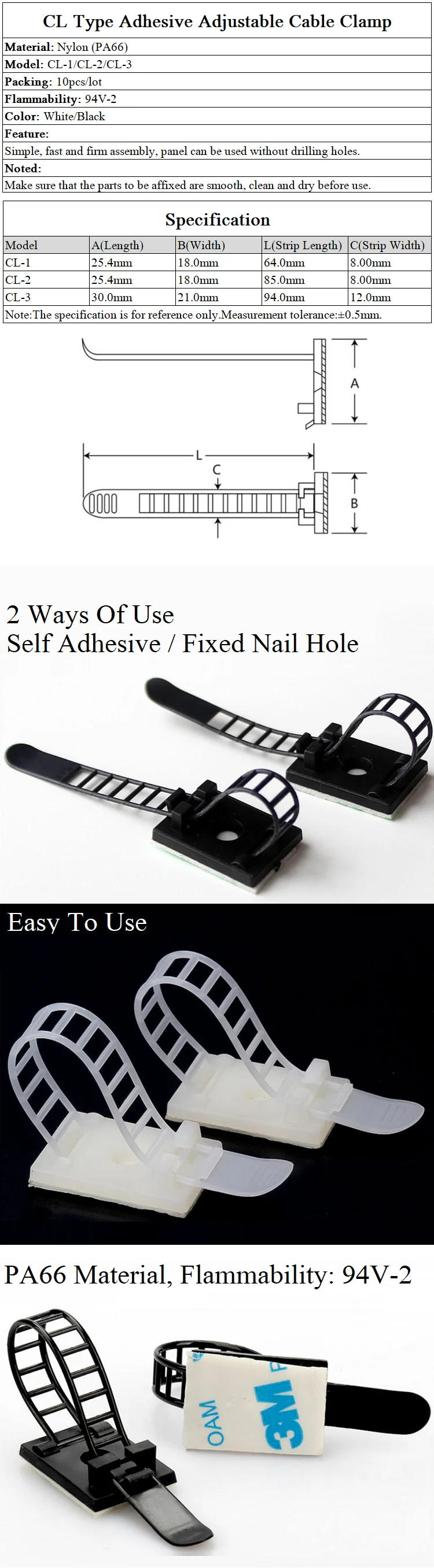 Description Picture 2 of item10pcs CL-1 CL-2 CL-3 Cable Clips Self Adhesive Mount Wire Clamp Line Tie Fixed Adjustable Fasten Organizer Holder White Black
