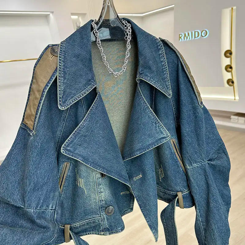 Description Picture 4 of itemStreetwear Denim Jackets for Women 2025 Ropa Mujer Patchwork Leather PU Casual Outwear Y2k Tops Harajuku Fashion Vintage Coats
