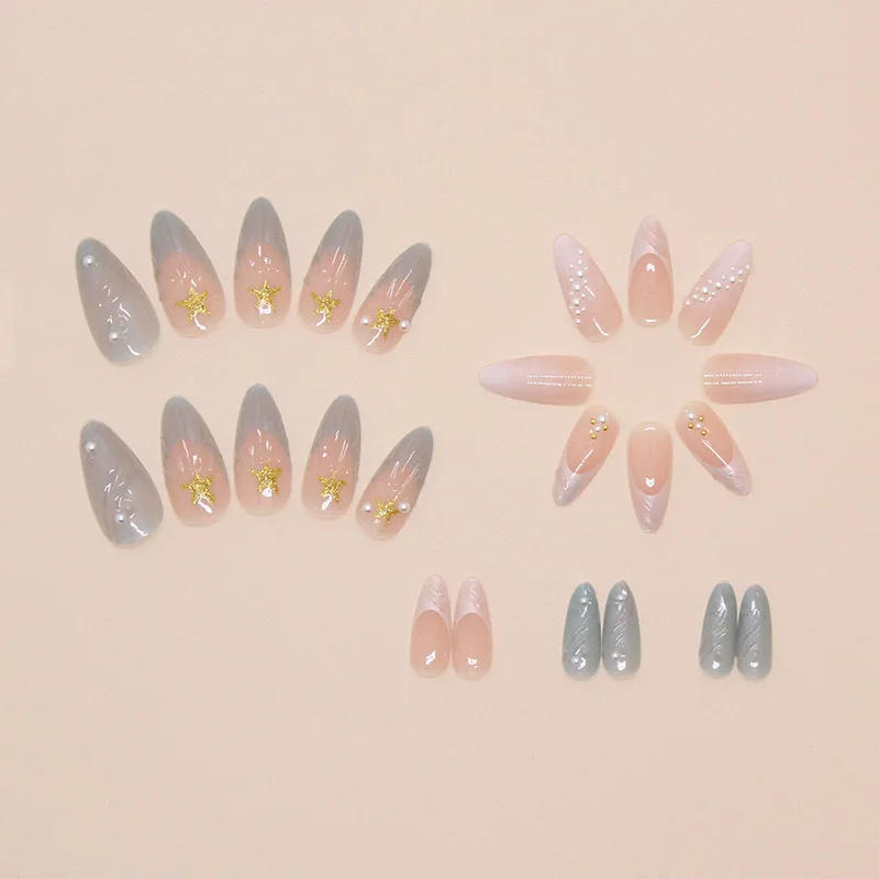 Description Picture 5 of item24pcs Almond Nails Blue White French False Nails Sparkling Dreamy Artificial Nails Press Ons with Starfish Pearl Full Cover Nail