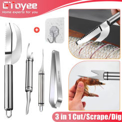 Stainless Steel 3 In 1 Fish Scale Knife Cut/Scrape/Dig Maw Knife Scale Scraper Sawtooth Peelers Scraping Boning Filleting Tools