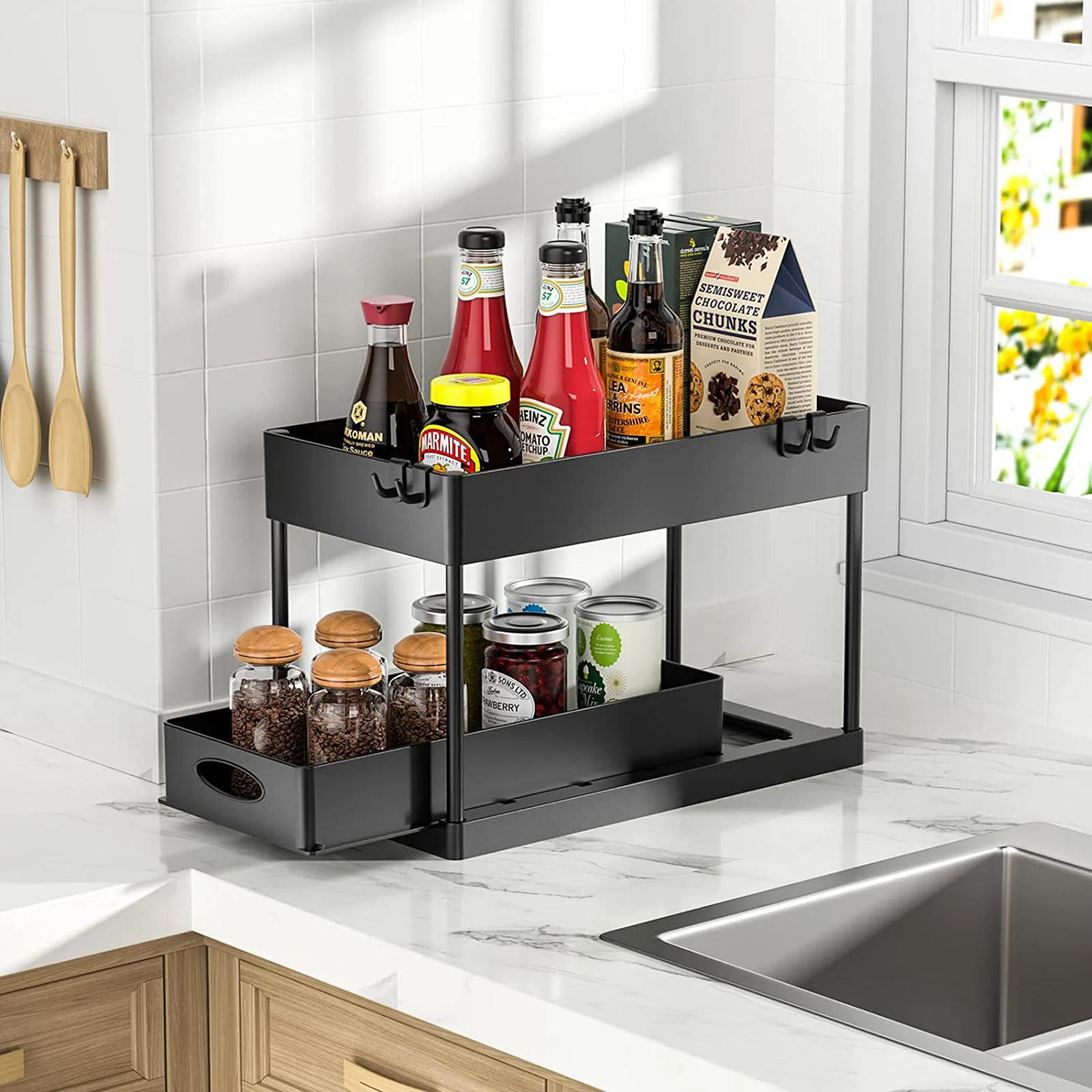 Description Picture 4 of itemKitchen Storage Organizer Supplies Under Sink Sliding Drawers Shelves Black Cabinet Basket Rack Bathroom