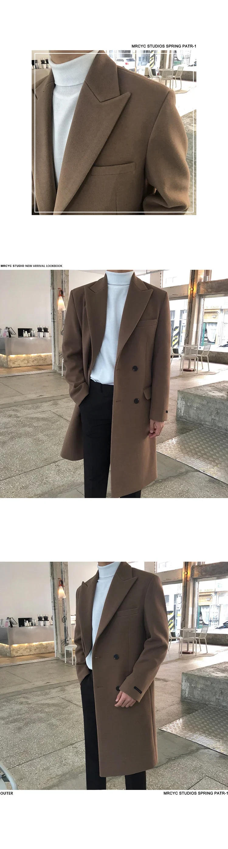 Description Picture 4 of itemMen's Autumn Winter Mid Length Woolen Coat New Korean Tide Black Thickned Overcoat Long Sleeve Double-breasted Jackets