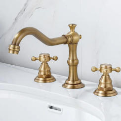 Antique Basin Faucet Brass Gold Bathroom Chrome Sink 3 Hole Double Handle Hot & Cold Wash Water Tap