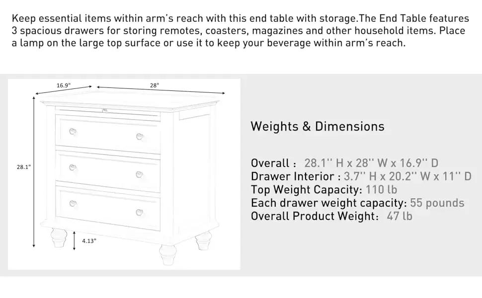 Description Picture 3 of item3-Drawer Nightstand with Pull-Out Tray, Wooden Bedside Nightstand, End Table with Legs, Black Beside Table