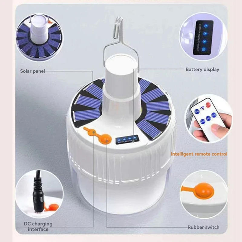 Description Picture 6 of itemPortable Lanterns Solar Lights Rechargeable Bulb Emergency Light With Remote Control Hooks Outdoor Camping Lighting 2Pc