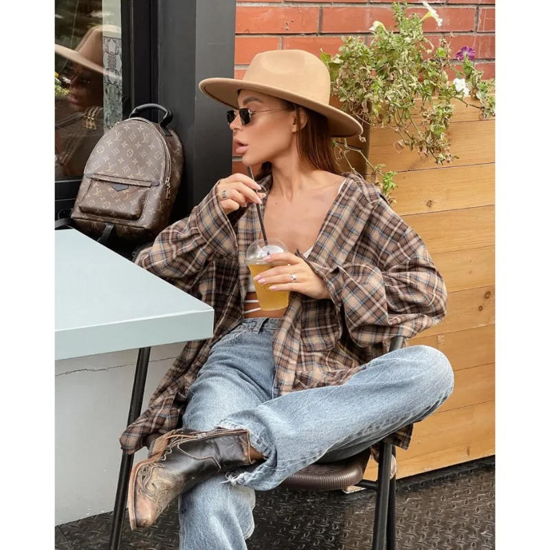 Description Picture 5 of item2024 Spring and Autumn American Retro Checkered Shirt Women's Long Style Design with Bottom Checkered Shirt Loose