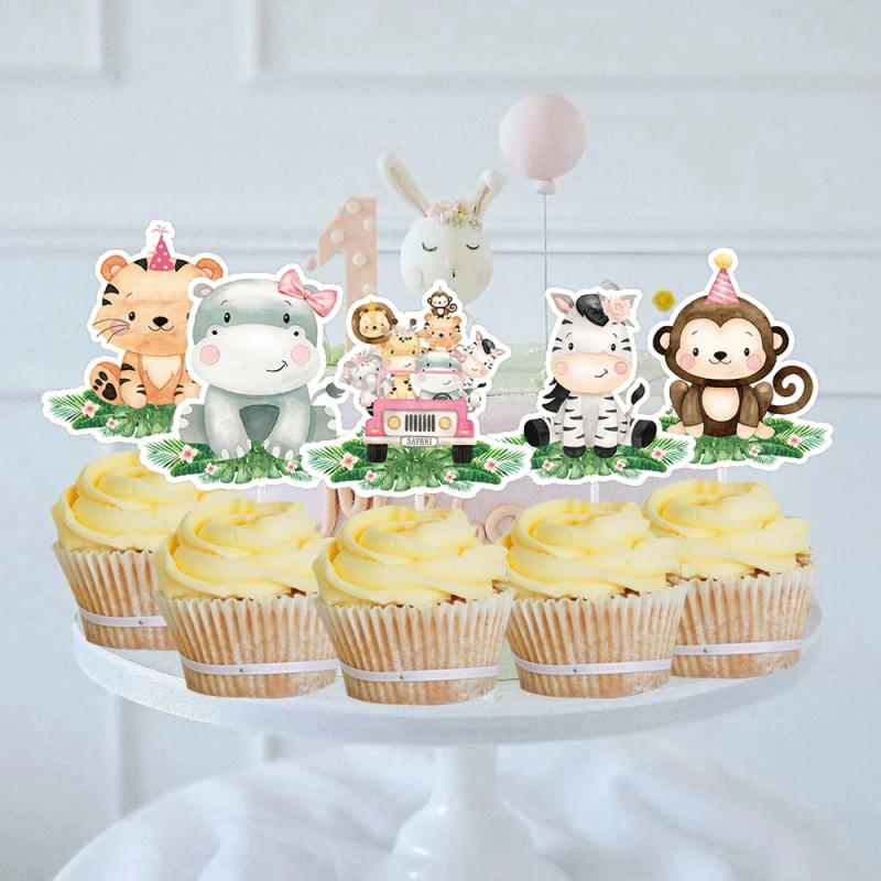 Description Picture 2 of item18pcs Carton Animal Cupcake Topper Pink Paper Toppers for Girl's Jungle Safari Birthday Party Cake Decoration DIY Cake Supplies