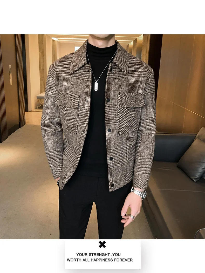 Description Picture 5 of item2024 Plaid Jackets Men  Wool Trench Coat Jacket Outwear Casual Slim Fit Thicker Winter Jackets High Quality Coat