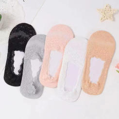 5 Pairs of WOMEN'S Spring/summer Sweat Absorbing Deep Necked Silicone Anti Slip Thin Cherry Blossom Lace Boat Socks