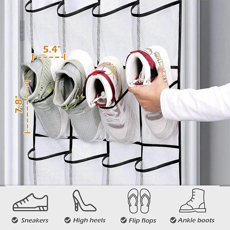 Description Picture 5 of item12/14 Pockets Over the Door Shoe Organizer Large Mesh Pockets With 4 Hooks Transparent Fabric Shoe Rack Storage Bag For Bedroom