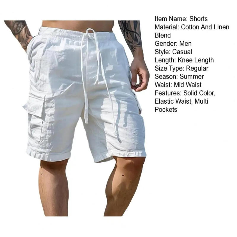 Description Picture 3 of itemEveryday Wear Casual Trousers Men Cargo Pants Men's Knee-length Drawstring Shorts with Elastic Waist Multi Pockets for Casual