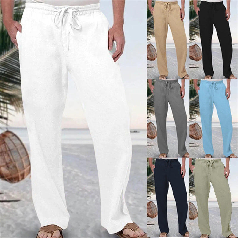 Description Picture 2 of itemMens Fashion Casual Solid Color Try Breathable Cotton And Linen Pocket Elastic Waist Large Size Pants Trousers with 6