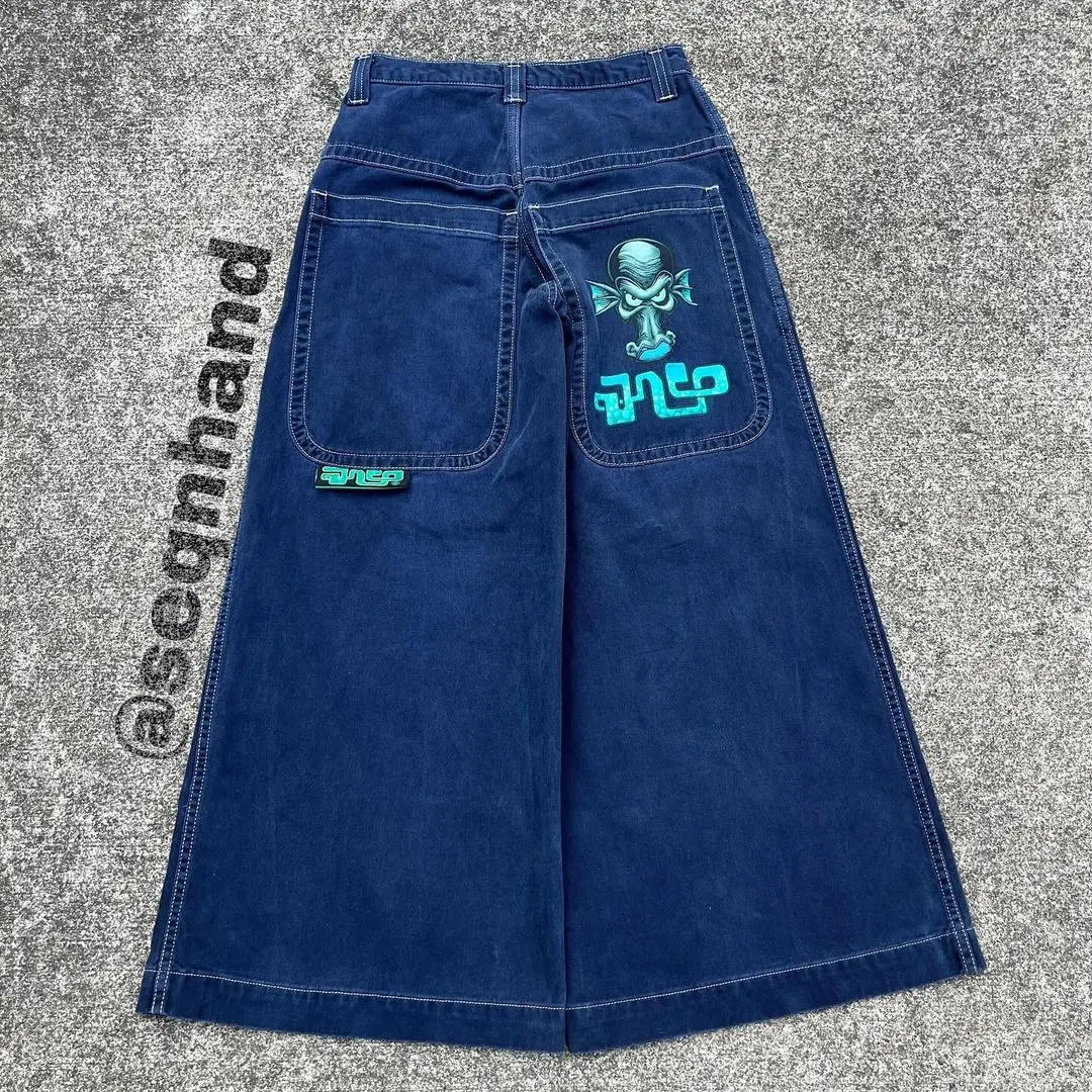 Description Picture 2 of itemCasual jeans American large pocket skull print washed wide leg jeans Y2K hip hop street loose denim men's and women's trousers