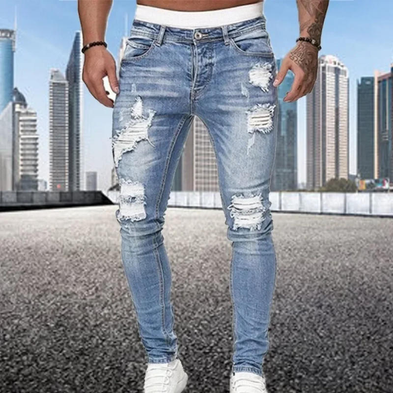 Description Picture 3 of item2024 New Retro Ripped Pencil Small Foot Skinny Jeans for Men Motorcycle Streetwear Stretch Straight Casual Slim Jeans Male