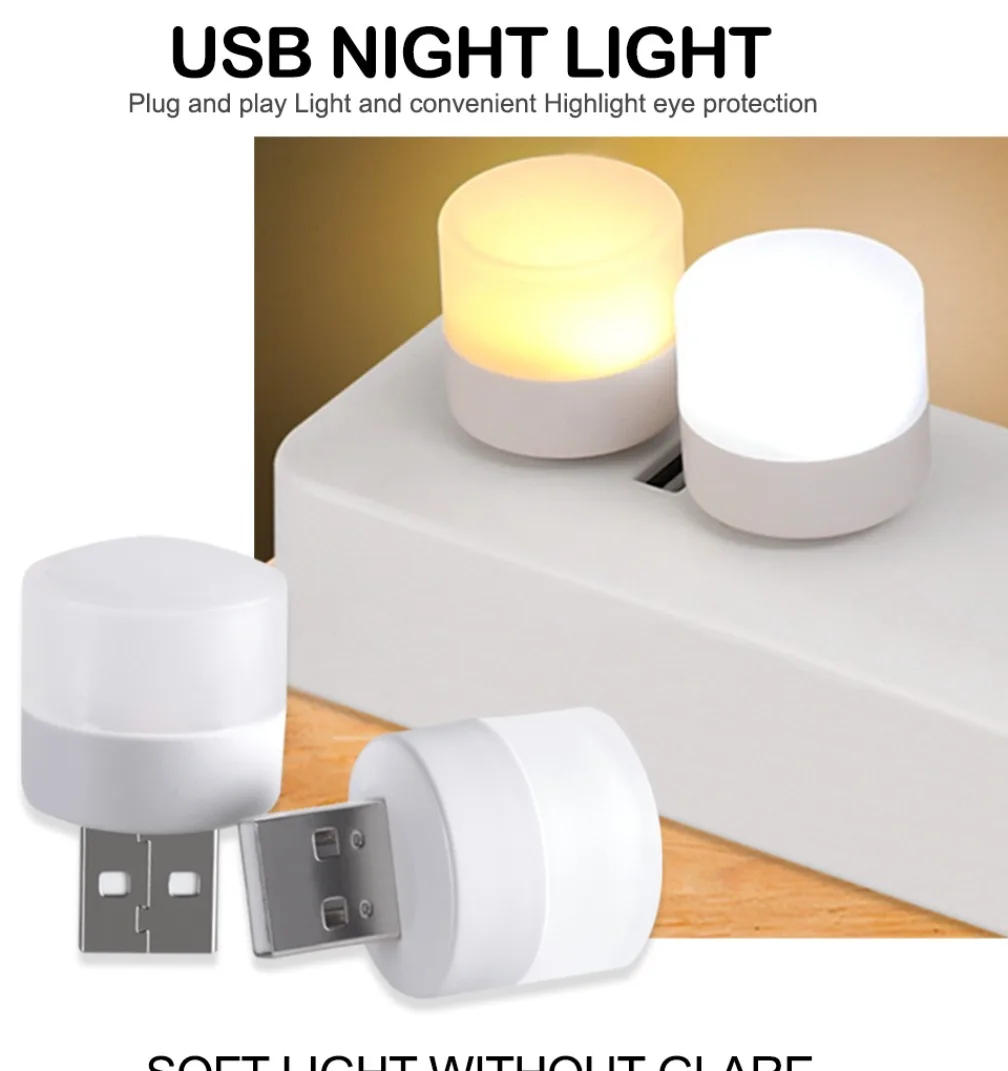 Description Picture 2 of item5Pcs USB Plug Lamp USB Night Light Computer Mobile Power Charging Small Book Lamps LED Eye Protection Reading Light Round Light