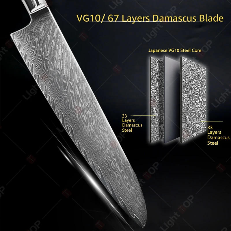 Description Picture 4 of itemProfessional Chef's Knife Set Damascus Steel Chopper Universal Kitchen Knives Bread Slicing Knife Sharp Meat Butcher's Cleaver
