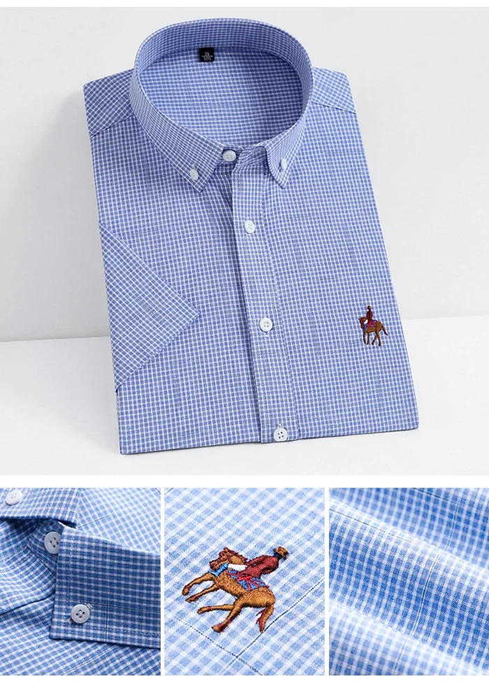 Description Picture 5 of item2024 Men's Short Sleeve Plaid Stretch Bamboo Fiber Casual Shirts Embroidered Horse Standard-fit Wrinkle Resistant Clothes