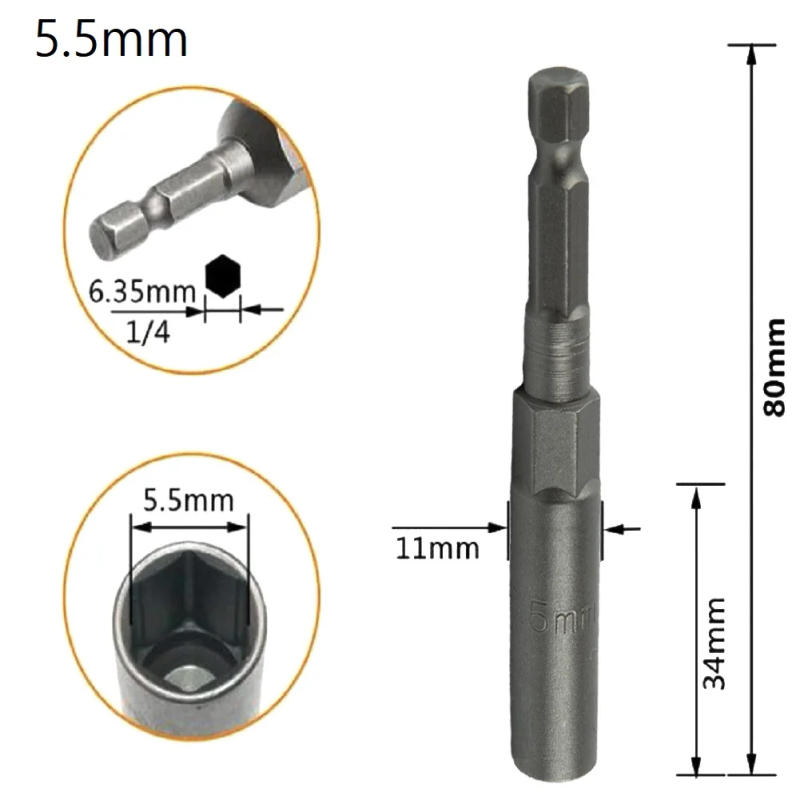 Description Picture 4 of item1PCS 80mm Length 1/4" Hex Hex Sockets 5.5-17mm Drive Magne Socket Impact Nut Bolt Drill Bits Power Drill Screwdriver Sleeve