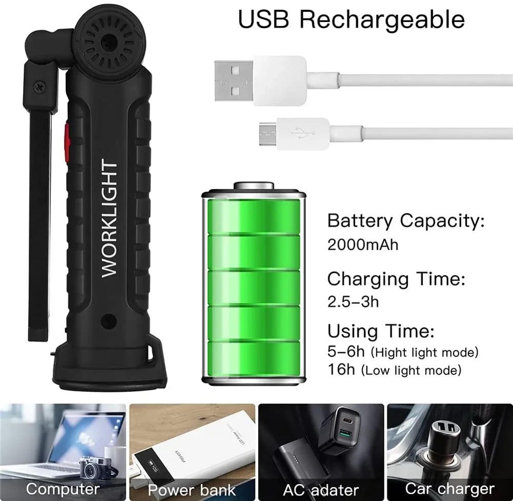 Description Picture 6 of itemPortable Flashlight COB LED Magnetic Lanterna USB Rechargeable Work Light Hanging Lamp with Built-in Battery Camping Torch