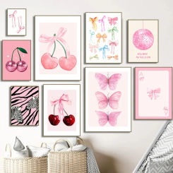 Trendy Watercolor Pink Bows Canvas Painting Wall Art Cherry Disco Ball Zebra Poster Print Preppy  Girl Room Home Decor Cuadros
