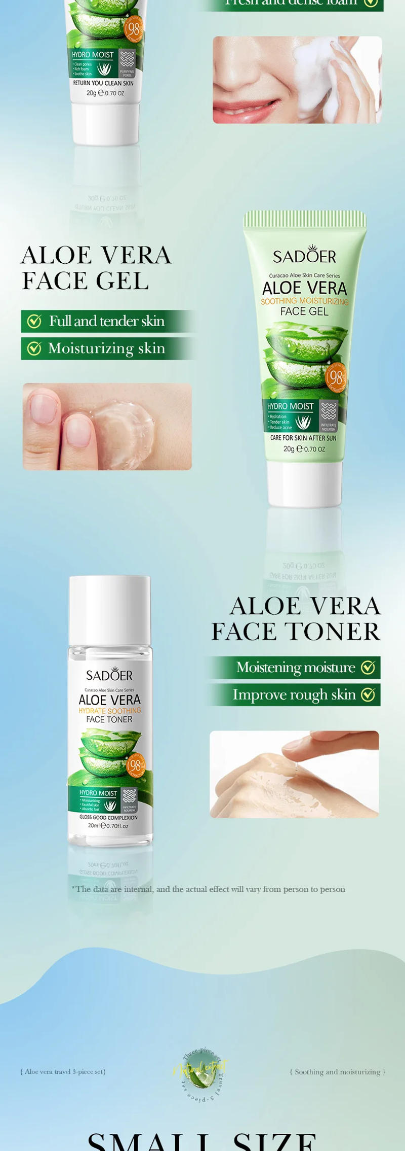 Description Picture 6 of item3pcs SADOER Aloe Vera Skin Care Sets Face Wash Facial Cleanser Aloe Gel Toner Face Cream Moisturizing Anti-aging Skin Care Kit
