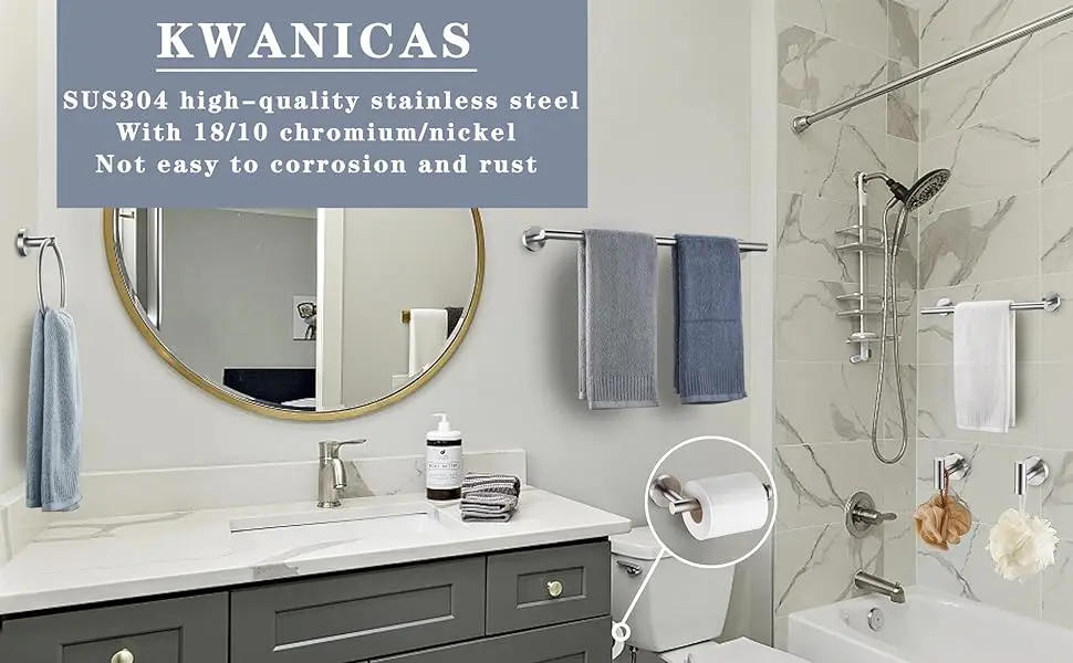 Description Picture 4 of item6 Pieces  Bathroom Hardware Accessories Set Hand Ring  Round Towel Bar Silver Toilet Paper Holder Towel Hooks,Heavy Wall Mounted