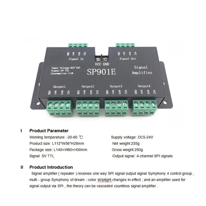 Description Picture 4 of itemSP901E SPI Signal Amplifier Repeater for WS2812B WS2811 WS2813 RGB Addressable LED Pixel Strip Programmable Matrix Panel Light