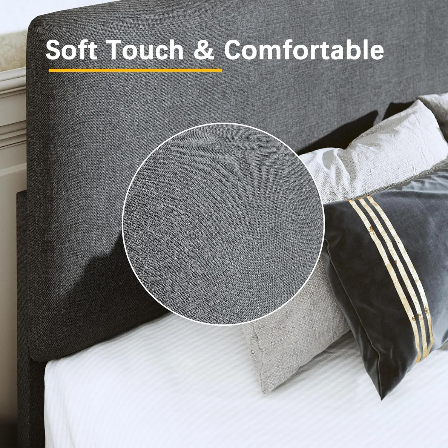 Description Picture 6 of itemBed Frame with Adjustable Headboard Upholstered Bed Frame Platform Linen Fabric Headboard Wooden Slats Support