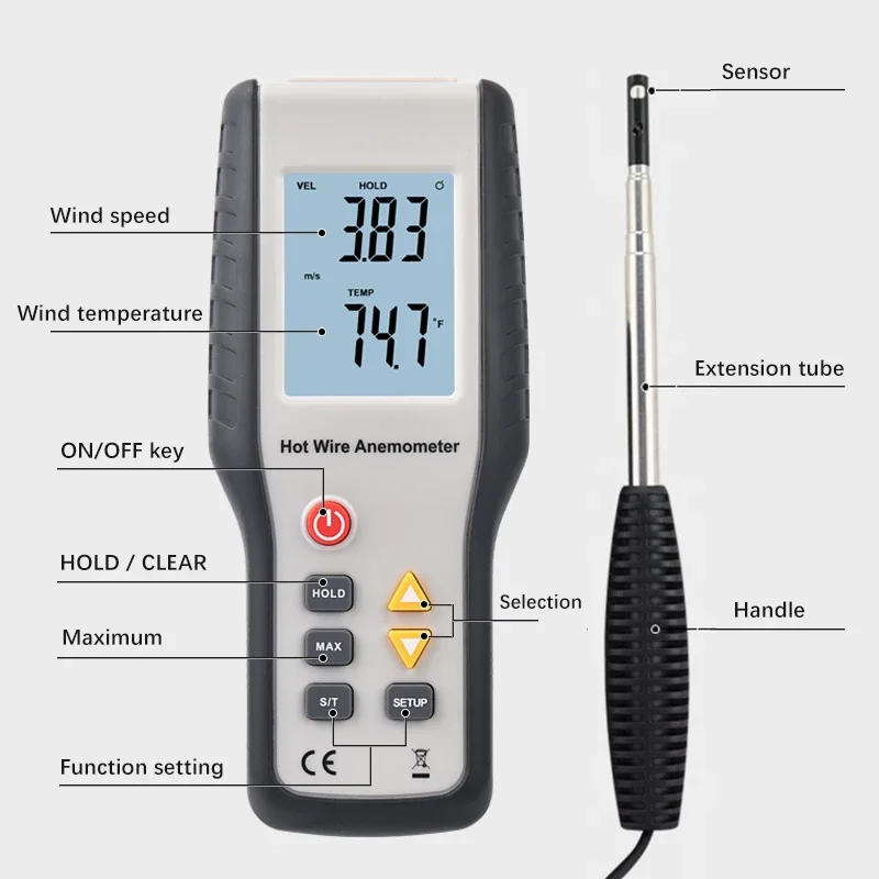Description Picture 6 of itemNew HT-9829 High Sensitivie Digital Portable Wind Speed Meter Hot Wire Thermal Anemometer Anemometro Measuring Instruments