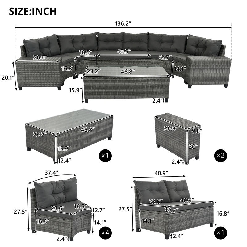 Description Picture 2 of item8-pieces Outdoor Wicker Round Sofa Set,Curved Sofa Set With Rectangular Coffee Table, Movable Cushion, Gray