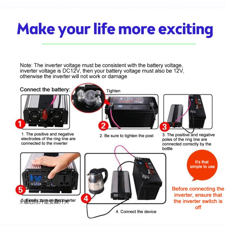 Description Picture 5 of item1000W 1600W 2200W 3000W Pure Sine Wave Inverter DC 12V to AC 220V Transformer Portable Power Bank Converter Solar Car Inverter