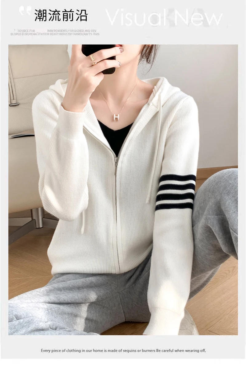 Description Picture 3 of itemWomen Cashmere Hooded Double Zip Cardigan Sweater Cardigan TB 2022 Knitted Spring Autumn New Fashion Top